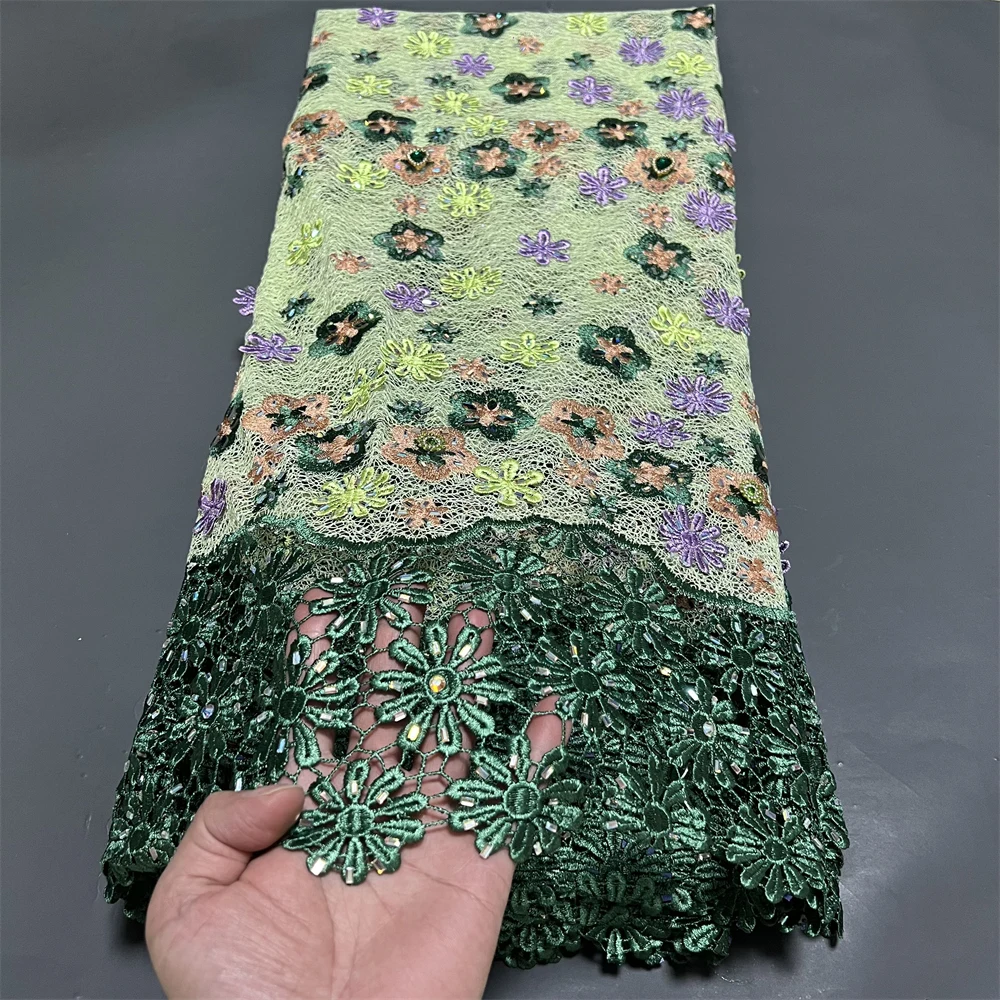 Top Grade High Quality African Nigeria Sequins Tulle Lace Fabric Embroidery Wedding Party Guipure Dress Beads Stone hz1437