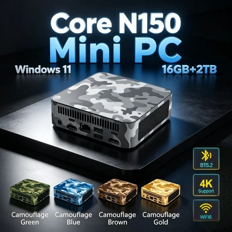 Powerful Camouflage Mini PC Intel Core N150 Windows 11 16GB RAM 1/2TB SSD WIFI6 BT5.2 Gaming Computer 4K Desktop PC