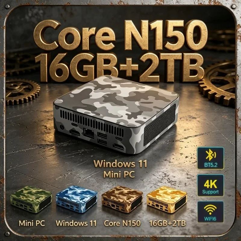 Windows 11 4K Desktop PC Powerful Intel Core N150 Camouflage Mini PC 16GB RAM 1/2TB SSD WIFI6 BT5.2 Gaming Computer