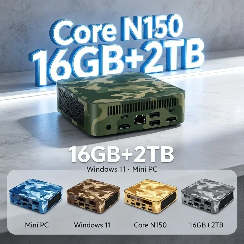Intel Core N150 Windows 11 4K Desktop PC Powerful Camouflage Mini PC 16GB RAM 1/2TB SSD WIFI6 BT5.2 Gaming Computer