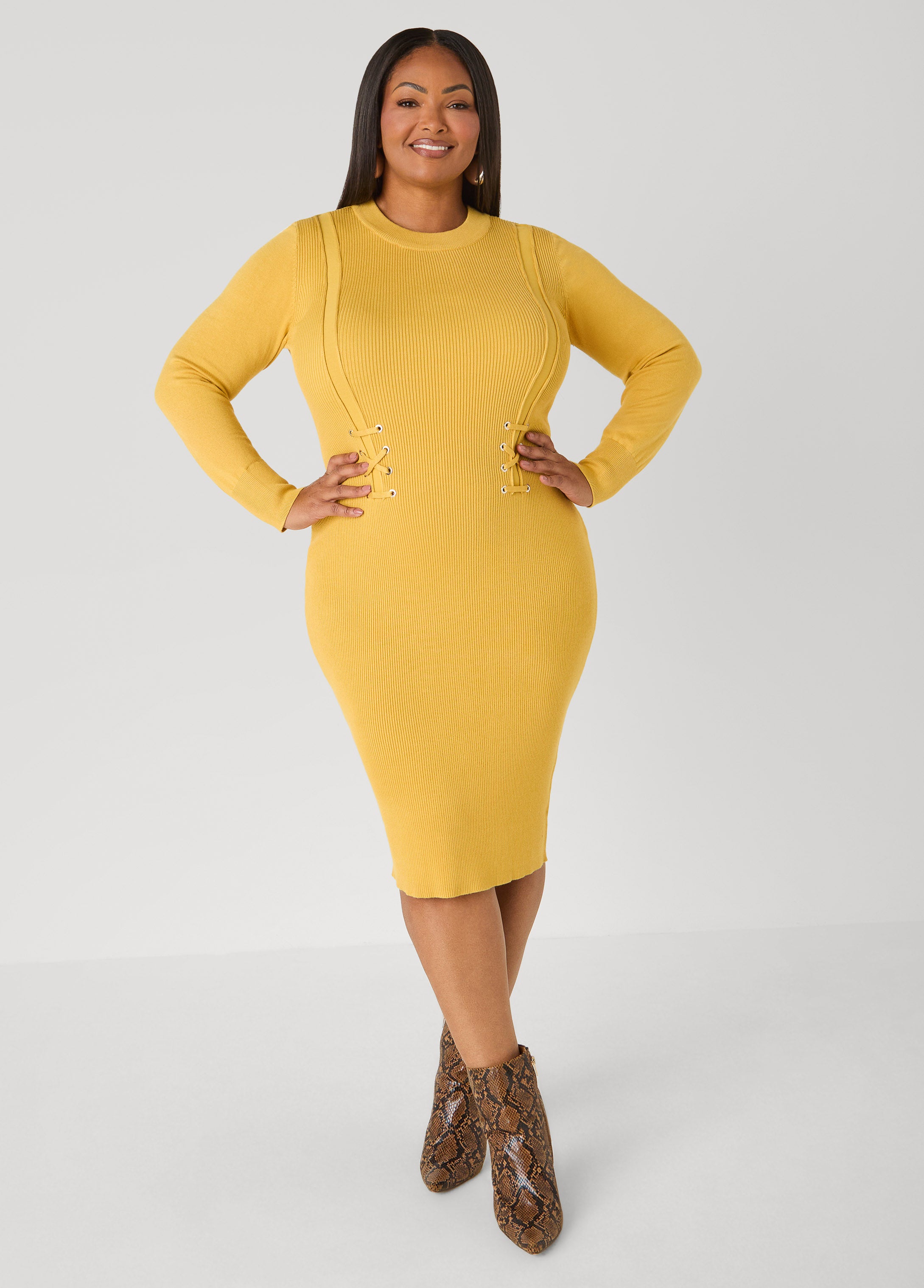 Plus Size Ribbed Lace Up Sweater Dress - Ashley Stewart