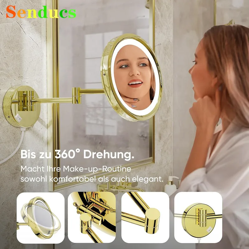 Runder faltbarer LED-Badezimmerspiegel mit zwei Armen, ausziehbare Make-up-Spiegel, 10-fache Vergrößerung, Badezimmerspiegel-Zubehör, goldfarbener LED-Badspiegel
