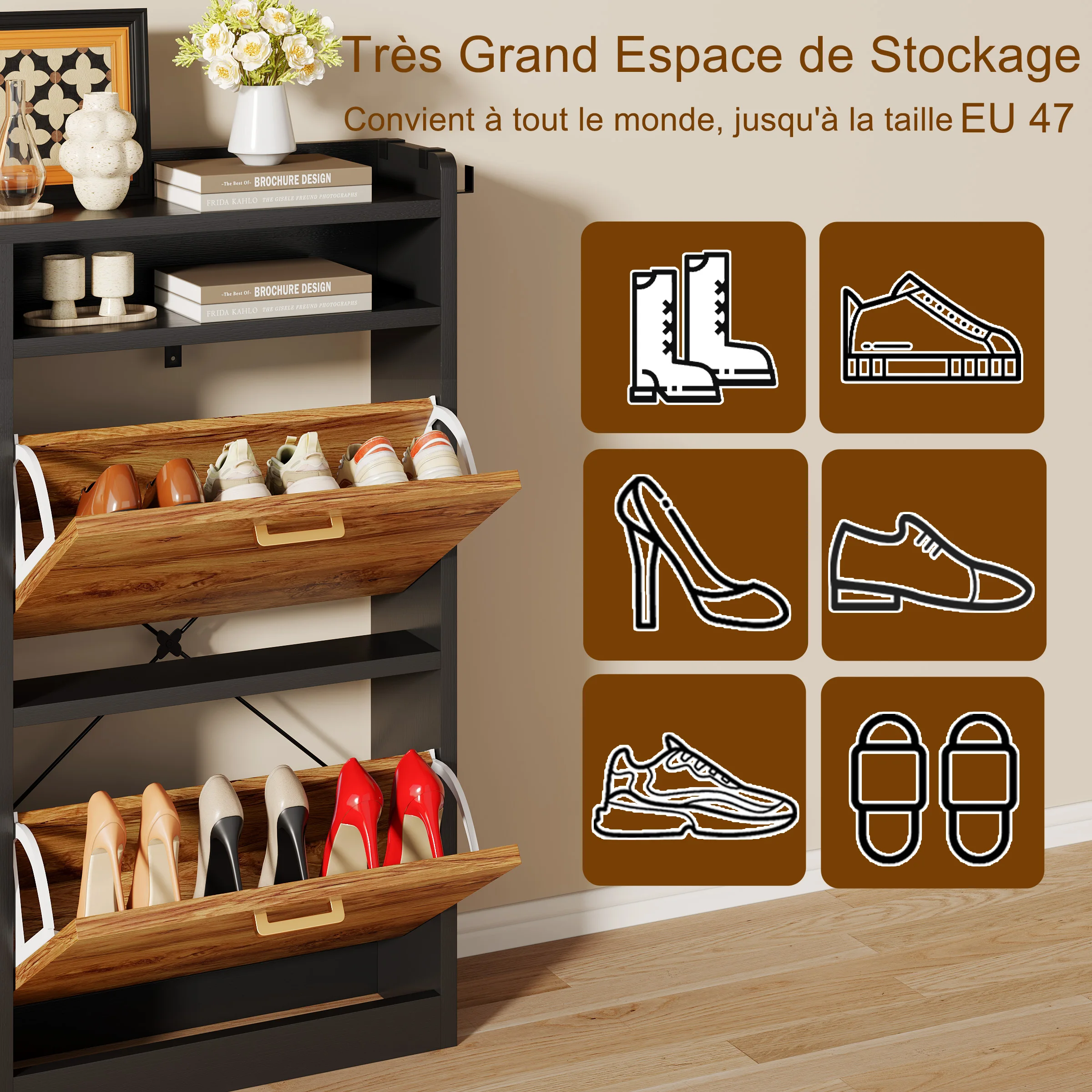 Kippbarer Schuhschrank mit 4 Kippfächern, 20 cm dick, aus Holz, schlanker Schuhaufbewahrungsorganizer, 4 Klappbare Schuhregale, schmaler Schuhschrank