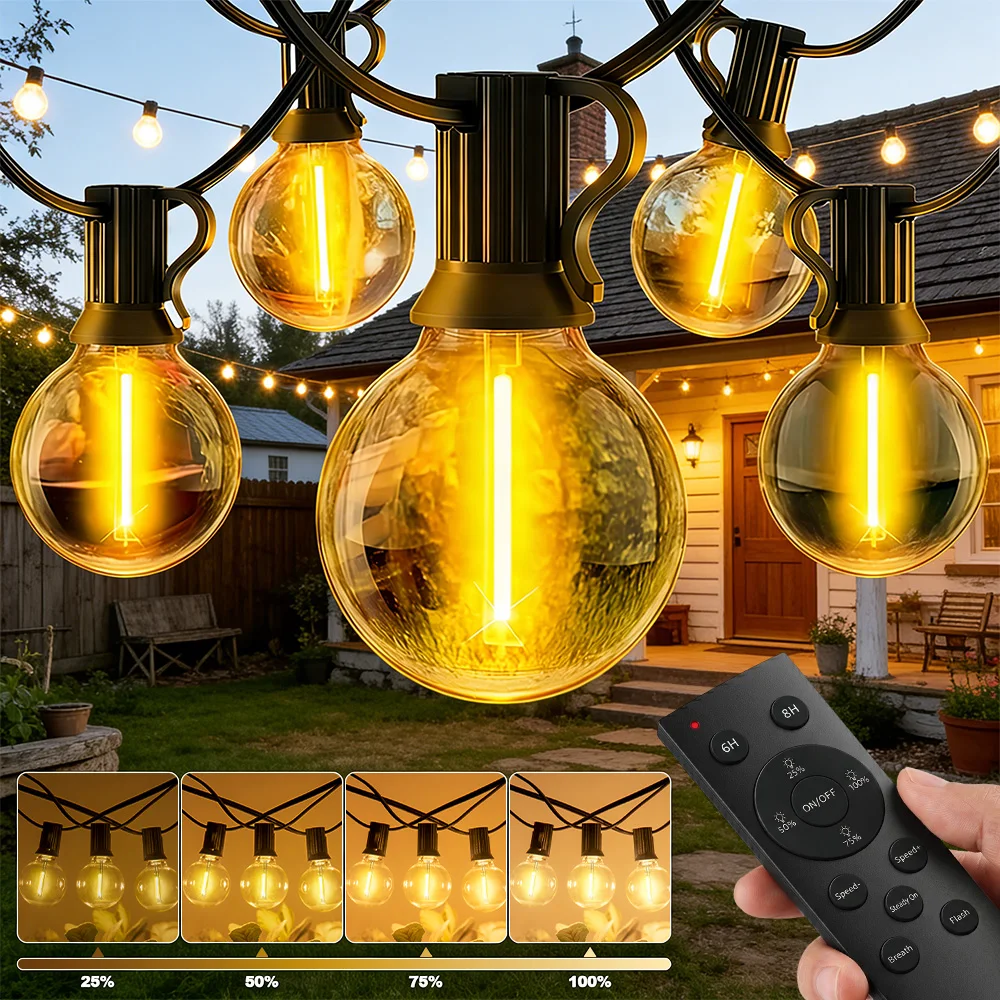 G40 Außen-Lichterkette 30M LED-Terrassenbeleuchtung mit Fernbedienung & Dimmer, Wasserdichte Bruchsichere Globus-Glühbirnen für Garten, Hof, Weihnachtsfeier-Dekoration