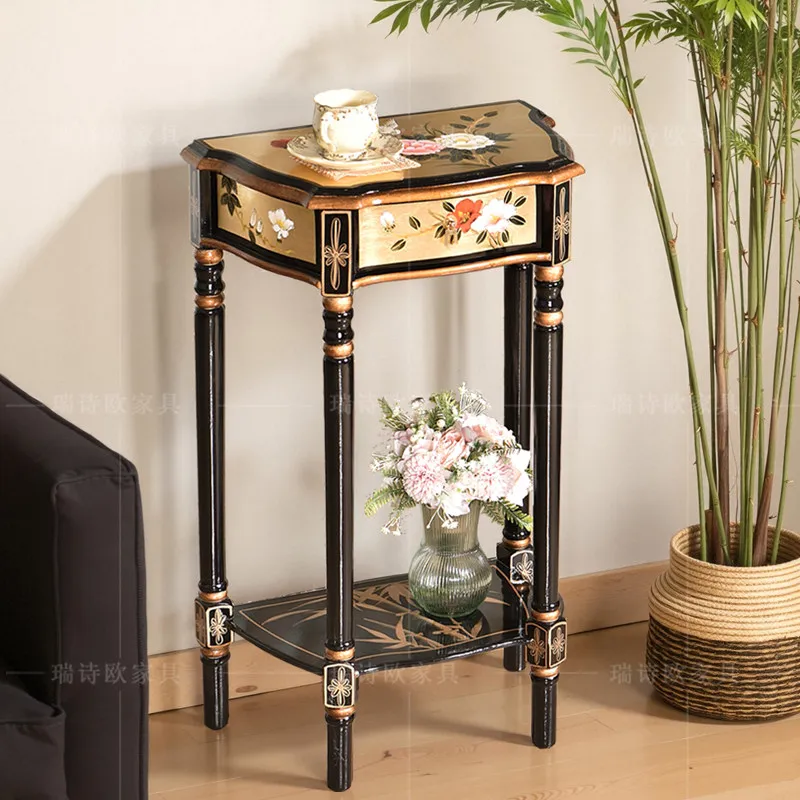 Yjq Amerikanischer Landhausstil Massivholz-Ecktisch Retro Lackierter Aufbewahrungs-Couchtisch Eingangstisch Neuer Chinesischer Wohnzimmertisch mit Goldfolie