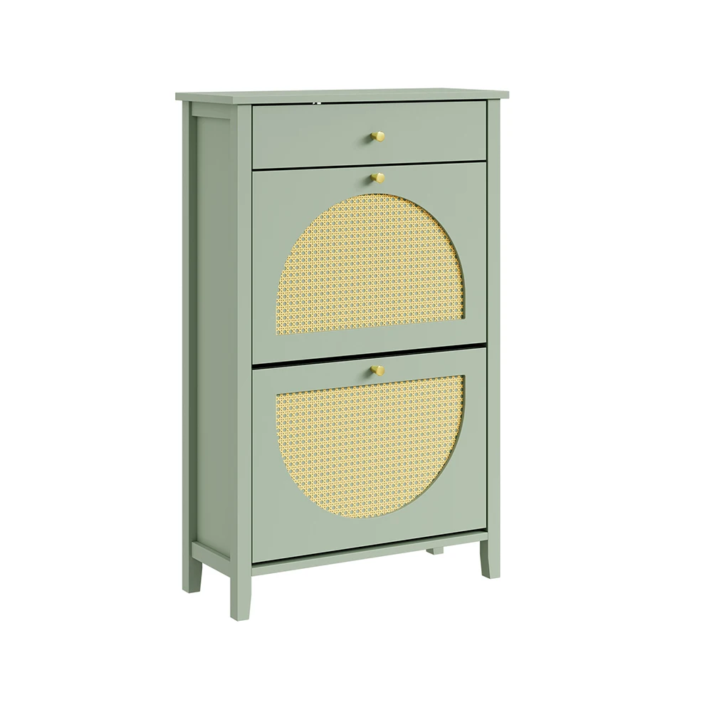 SoBuy FSR223-GR Schuhschrank schmal hoch mit Schublade Schuhkipper mit Rattanpaneel Dielenschrank für Eingangsbereich 62×25×97 cm Tragkraft 25 kg