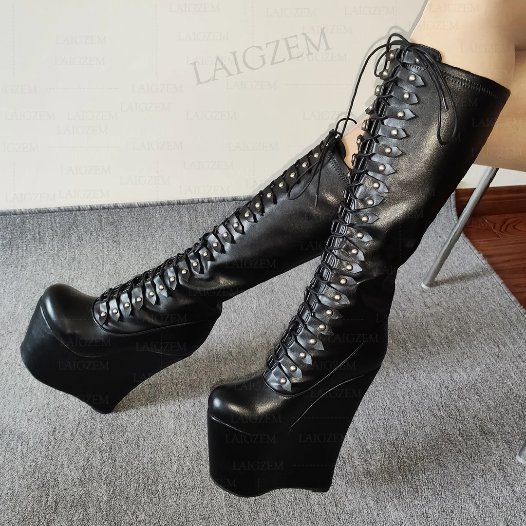 LAIGZEM Frauen Kniehohe Stiefel Plattform Keile 20 CM High Heels Lace Up Hohe Stiefel Höhe Erhöhen Schuhe Frau Große Größe 43 45 48