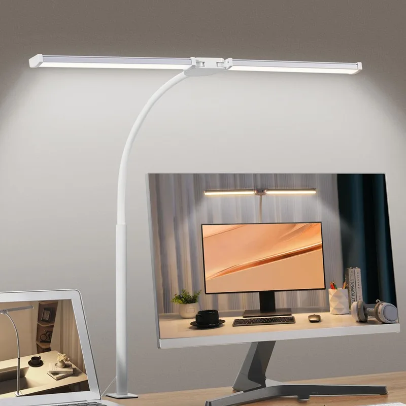 Doppelkopf-Schreibtischlampe mit LED-Clip, Architekten-Tischlampe für die Beleuchtung im Home-Office, 3-Farben-Modus und 10 dimmbare Schreibtischlampen mit Augenschutz