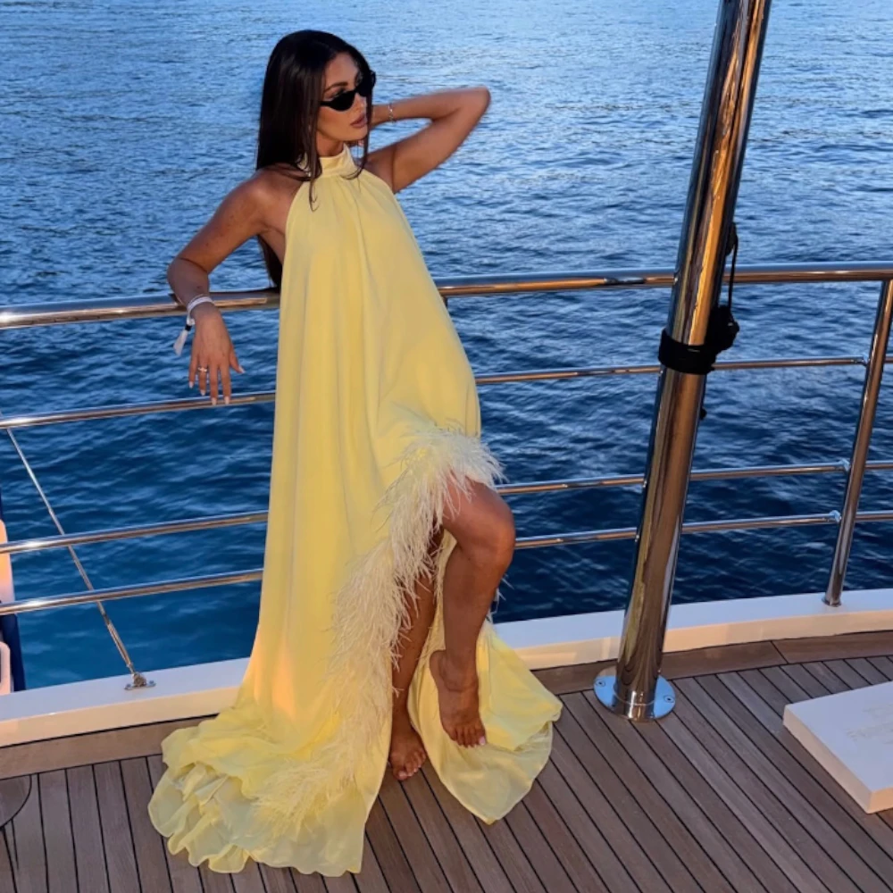 Modern Halter Evening Dress Fashion Sleeveless Backless Feathers Customized Celebrity Gowns High Quality Chiffon Party Dresses