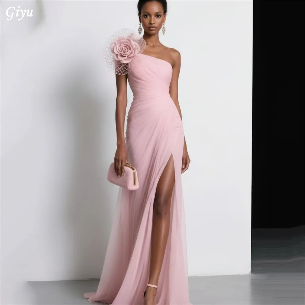 Giyu Elegant Light Pink High Split Mermaid Evening Dresses Long 3D Delicate Flower Prom Dress Wedding Party Gown Customized