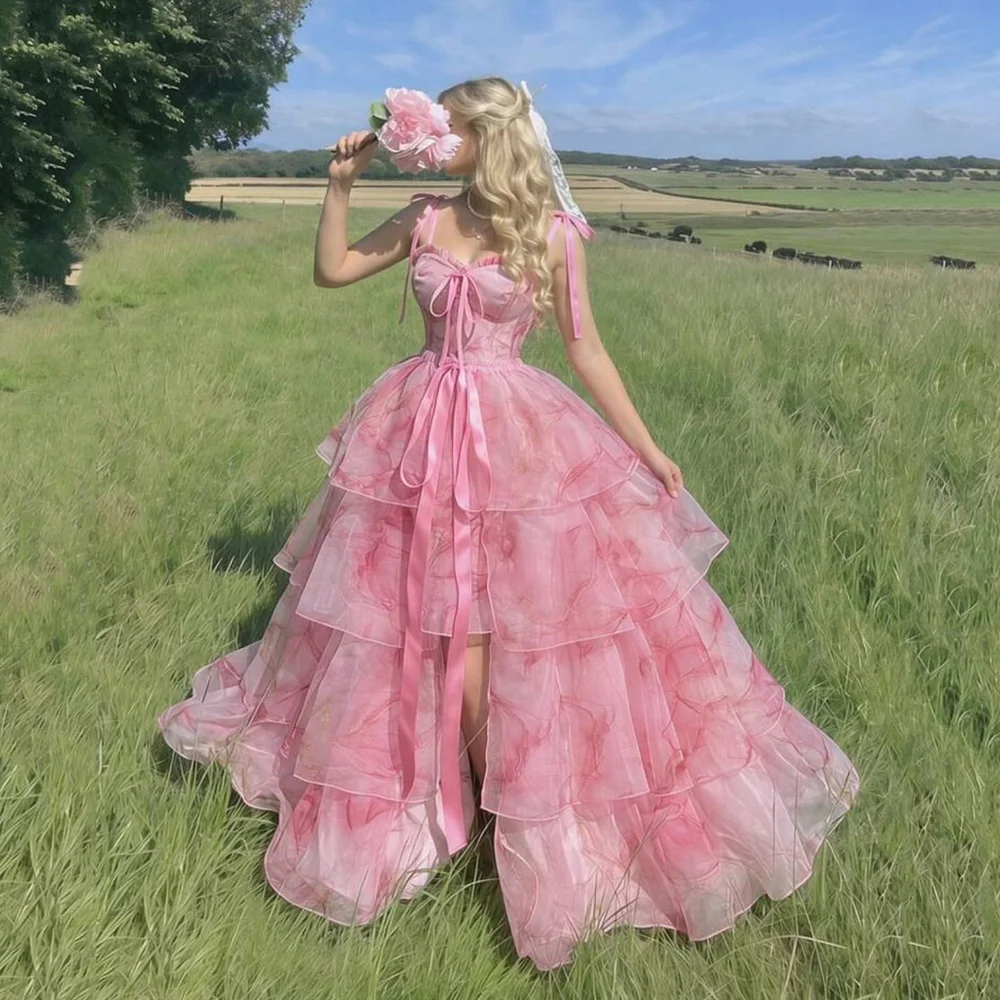 Msikoods Customized Pink Prom Dresses Spaghetti Strap Bow Slit Layered Ruffle Princess Birthday Dress Formal Evening Gowns
