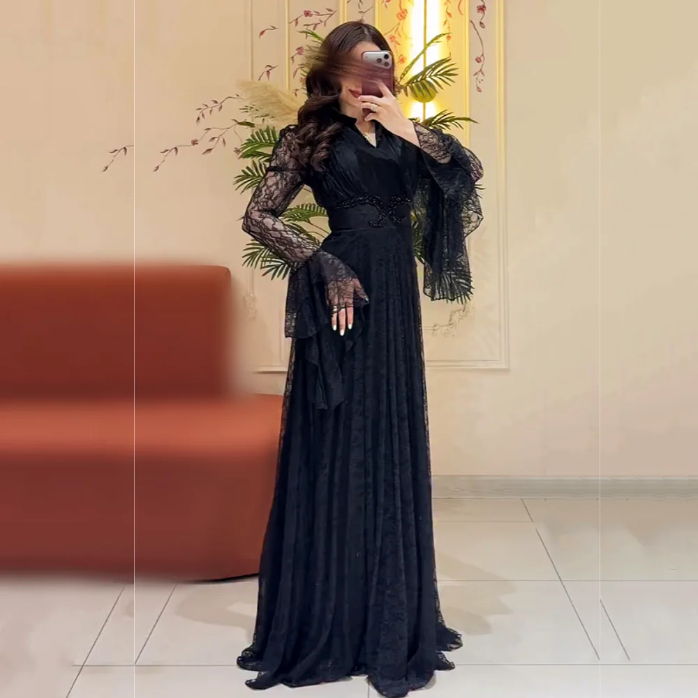 Customized Exquisite V-neck High Quality Party Dresses for Wedding Lace A-line Long Dresses Formal Evening Dress Glitter