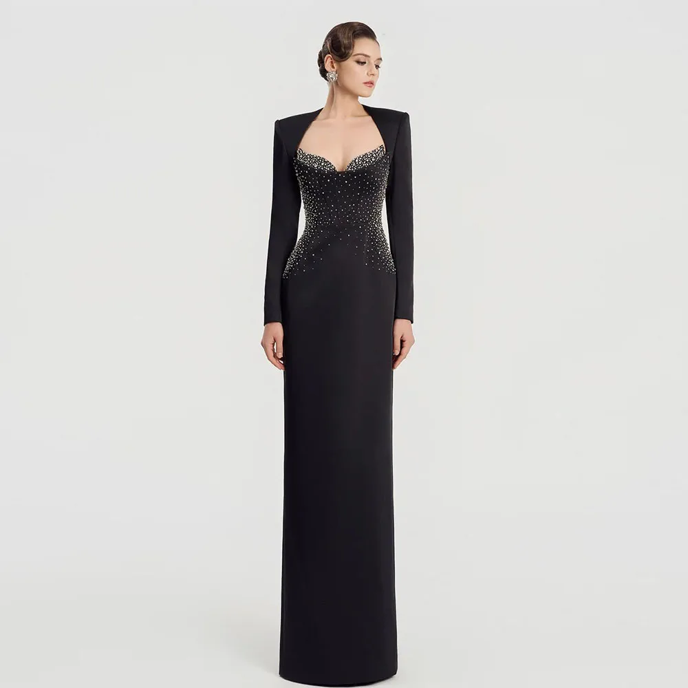 Customized Luxury Black Beaded Evening Gown for Women Sweetheart Long Sleeve Formal Prom Dress Straight Wedding Guest Maxi Gown