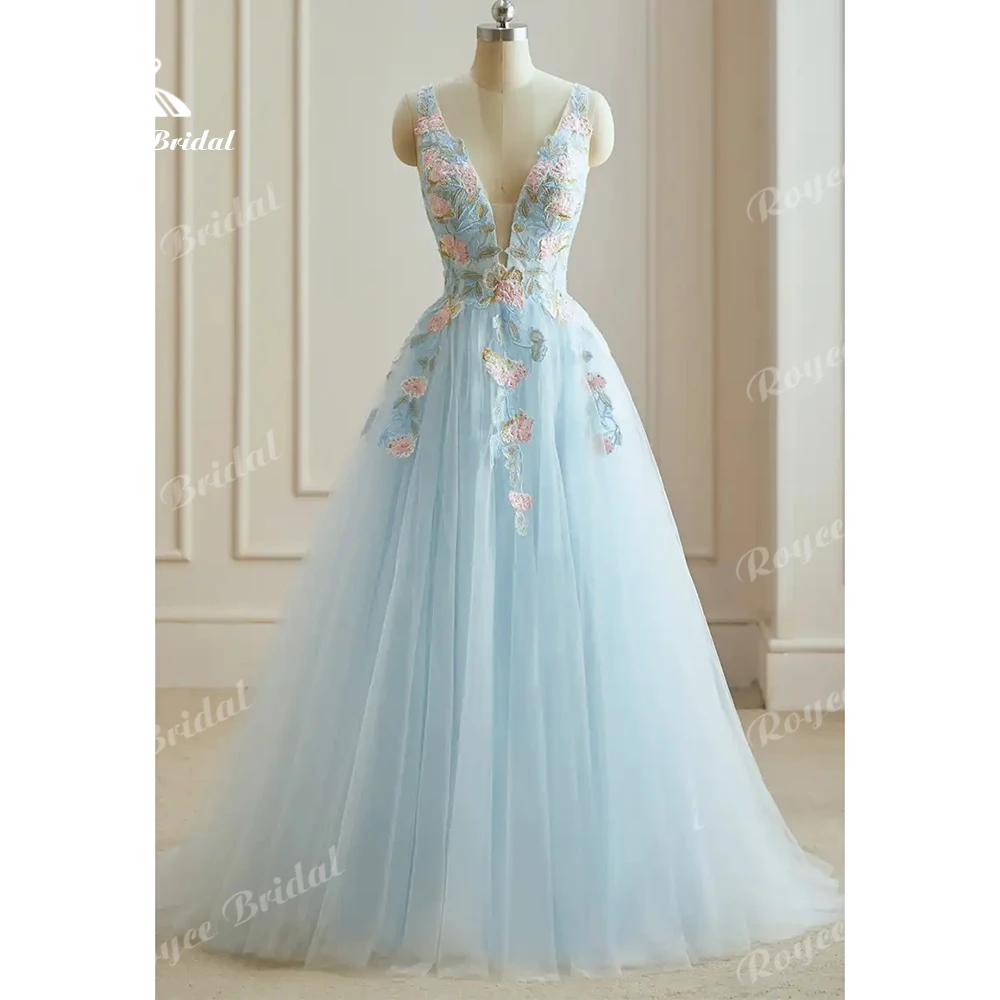 Light Blue Tulle Prom Dress Colorful Floral Appliqué Evening Dress Deep V Sleeveless Women's Formal Evening Gowns Customized