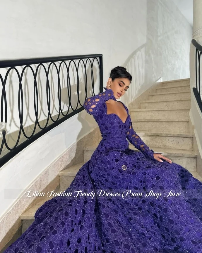 Deep Purple Openwork Evening Gown Customized Backless Lace A-Line Ball Gown Wedding Party Dress Engagement Dress Birthday Dress