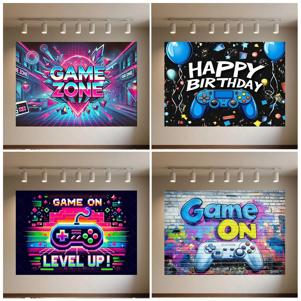 Video Game Level Up Unlocked Backdrop Supplies Blue Game Controller Background Boy Birthday Party Decoration Photography Props
