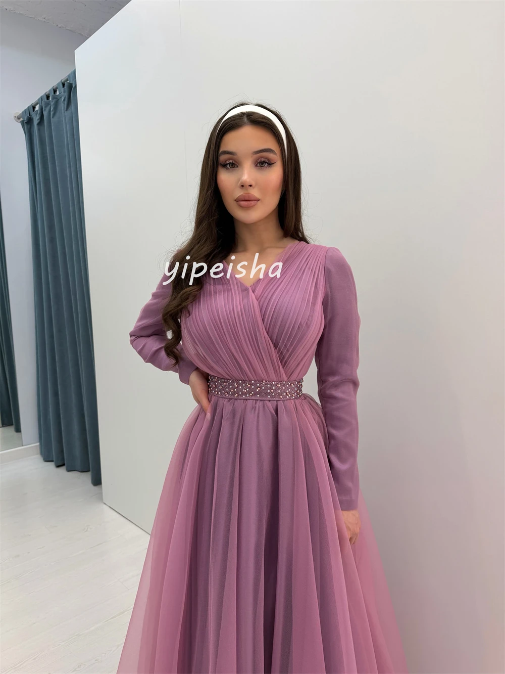 Customized Classic Women Tulle Beading Ruched A-Line Evening Dresses Modern Style V-neck Long Sleeves Floor Lenght Prom Dresses