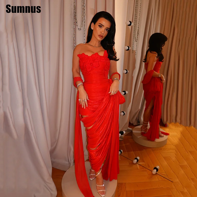 Sumnus Elegant Mermaid Prom Dresses Red Strapless Ruffle Pleats Appliques Side Slit Midi Evening Dresses vestidos Customized