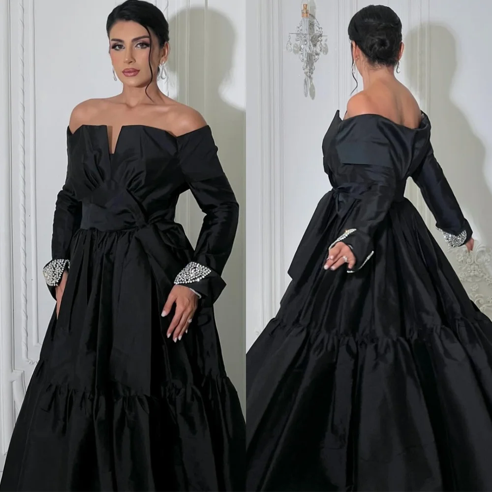 Customized Classic Black Satin Evening Dress Modern Off the Shoulder Long Sleeves Celebrity Gowns Luxury Crystal Prom Dress