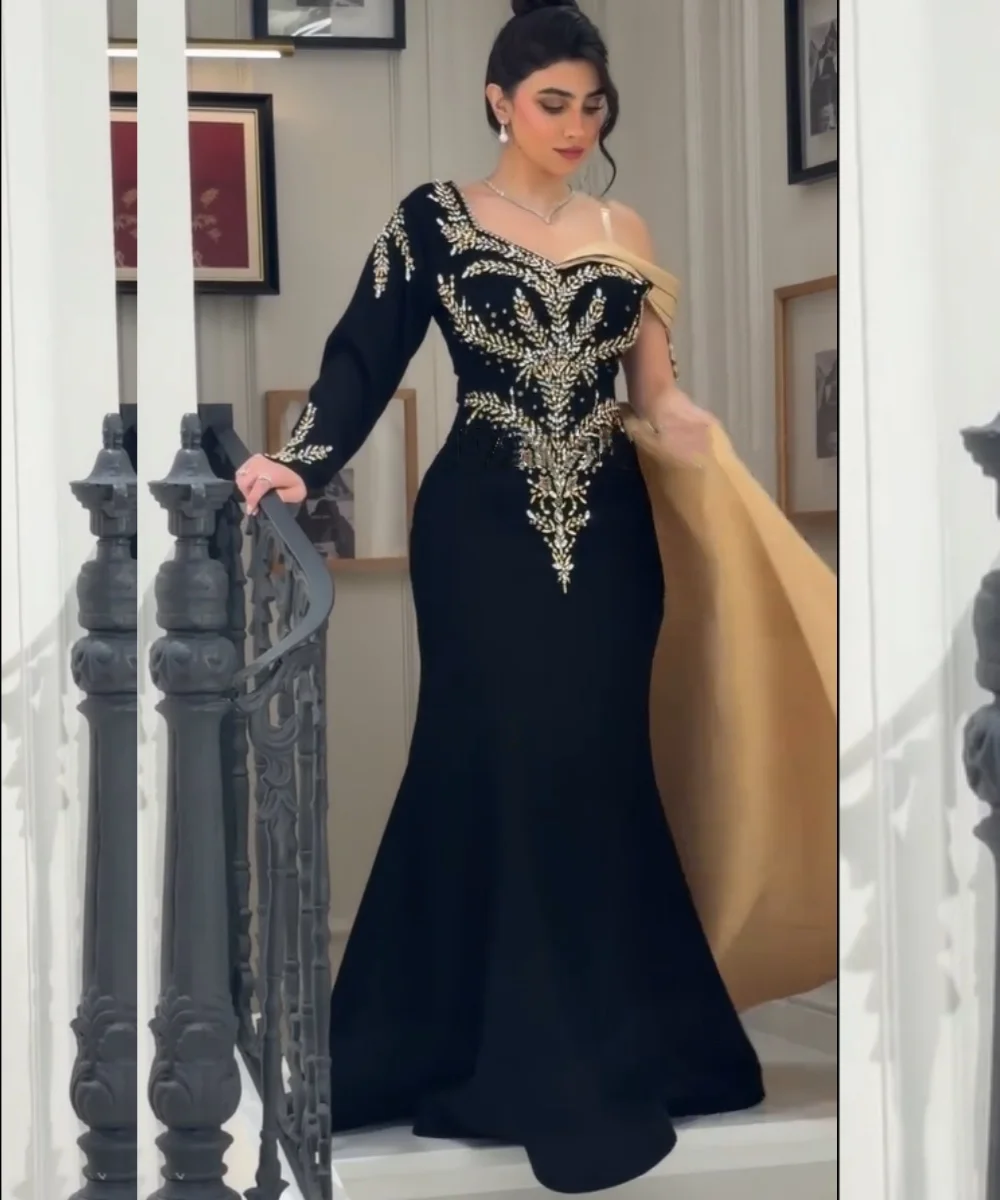 Customized Pastrol Jersey Pleat Sequined Pattern Trumpet Off-the-shoulder Long Bespoke Occasion Celebrity Dresses