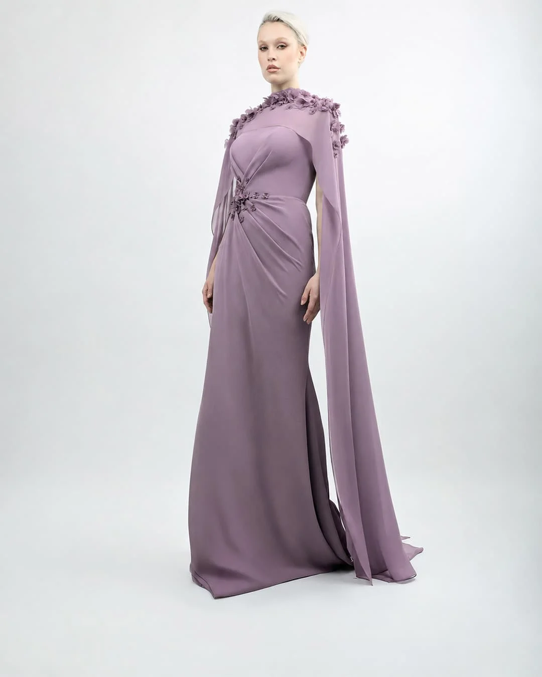 Customized Dark Brown Sheath Chiffon Evening Dress Rhinestone Beading High Neck Cape Sleeve Ruched Formal Prom Wedding Gown