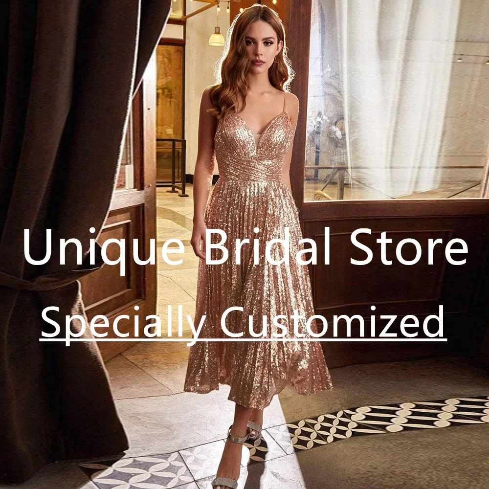Customized Women's Short Prom Dress Spaghetti Strap V-Neck Backless Sleeveless Homecoming Gown Tea-Length Cocktail Party Dr