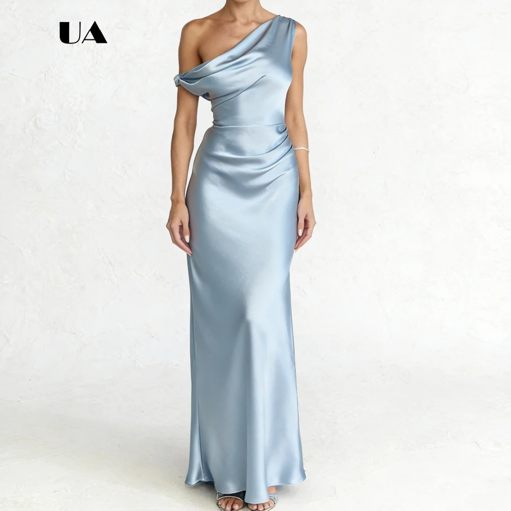 ULBYANRY Satin Straight Prom Dress with Asymmetrical Collar Solid One-shoulder Draped Evening Dress Simple Customized Party Gown