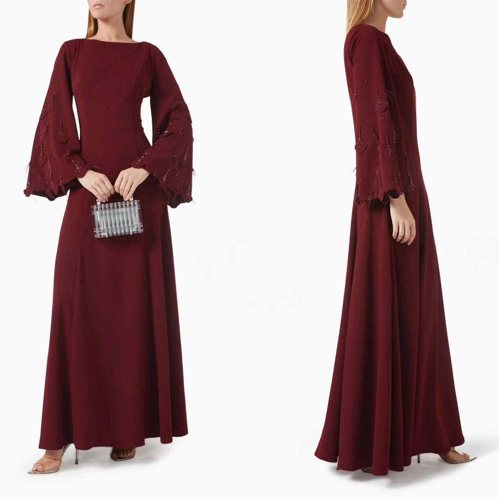 Customized Exquisite Burgundy Jersey Evening Dress Elegant Graceful Crew Neck Long Sleeves Zipper Back Special Occasion Gowns