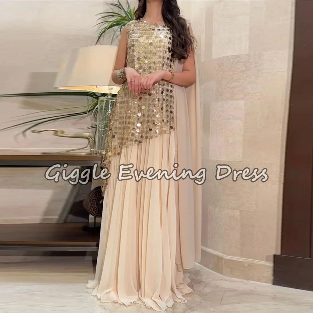 Champagne O-Neck Sleeveless A-Line Evening Dresses Elegant Chiffon Sweep Train Saudi Arabia Party Gown Prom Dresses Customized