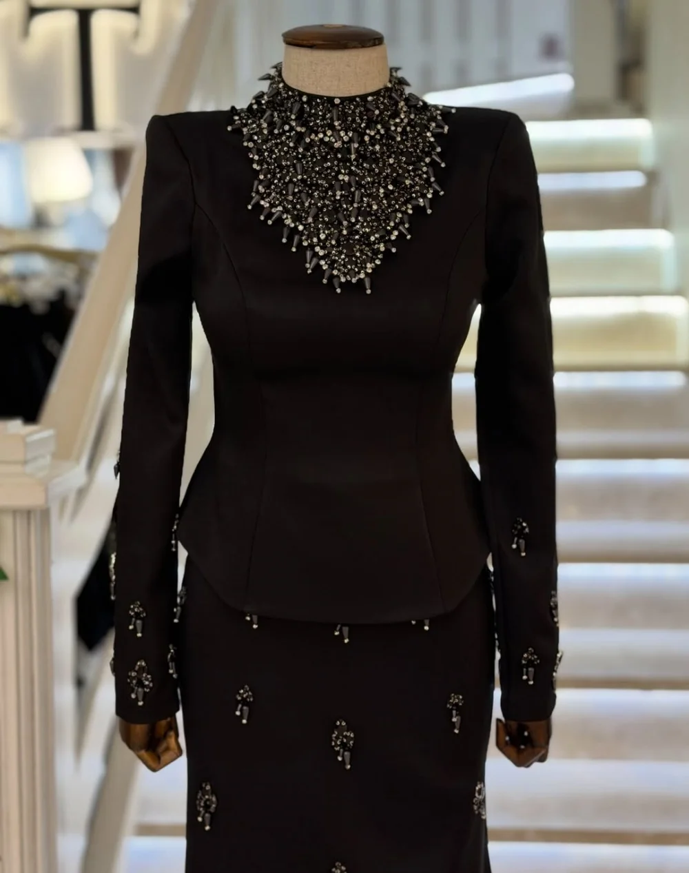 Customized Sparkle Jersey Pleat Sequined Pattern Trumpet High Collar Long Bespoke Occasion Party Dresses Exquisite