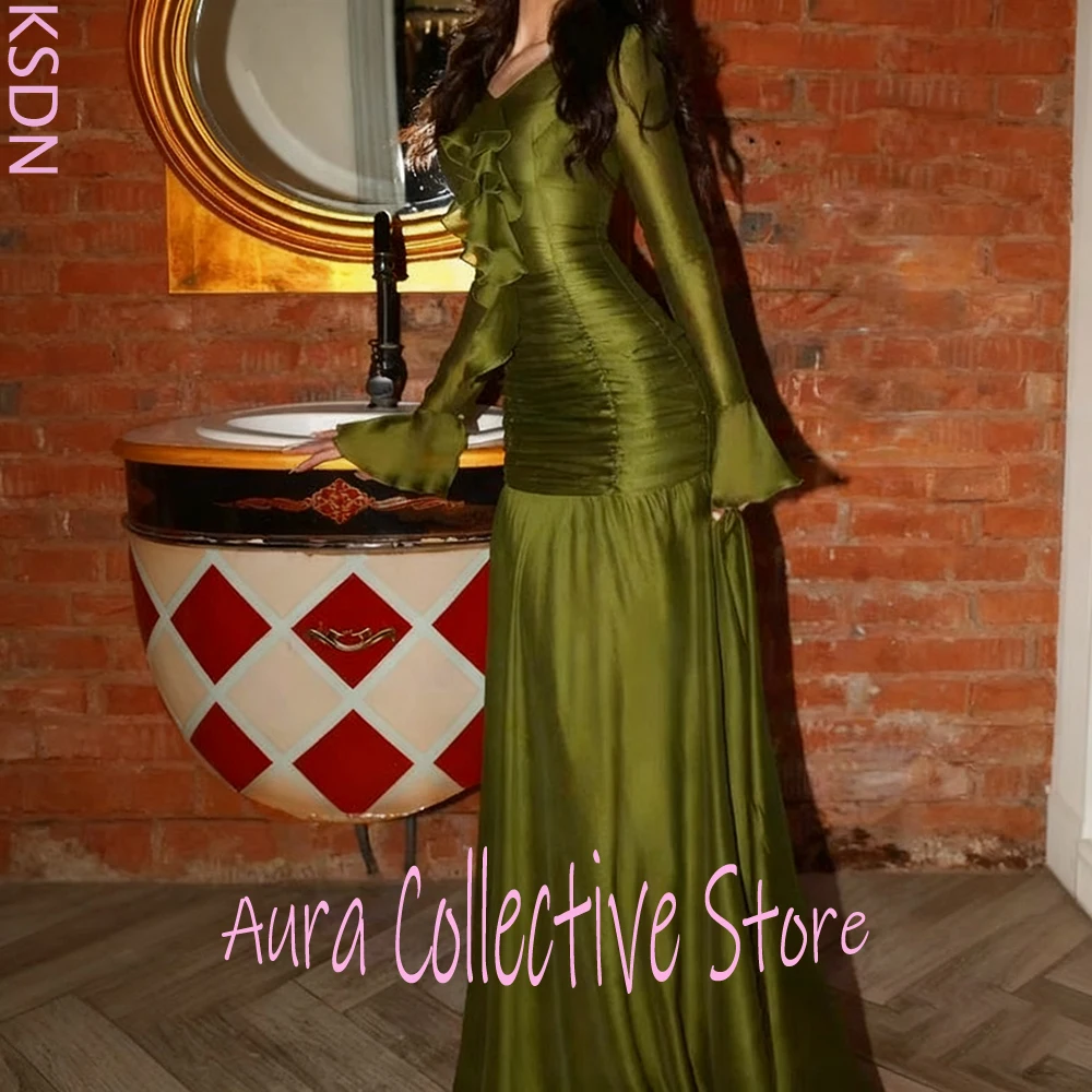 Olive Green Satin Ruched Women Evening Dress Long Sleeve V-neck Gown with Ruffled Detail and Flared Hem Elegant Party Outfit