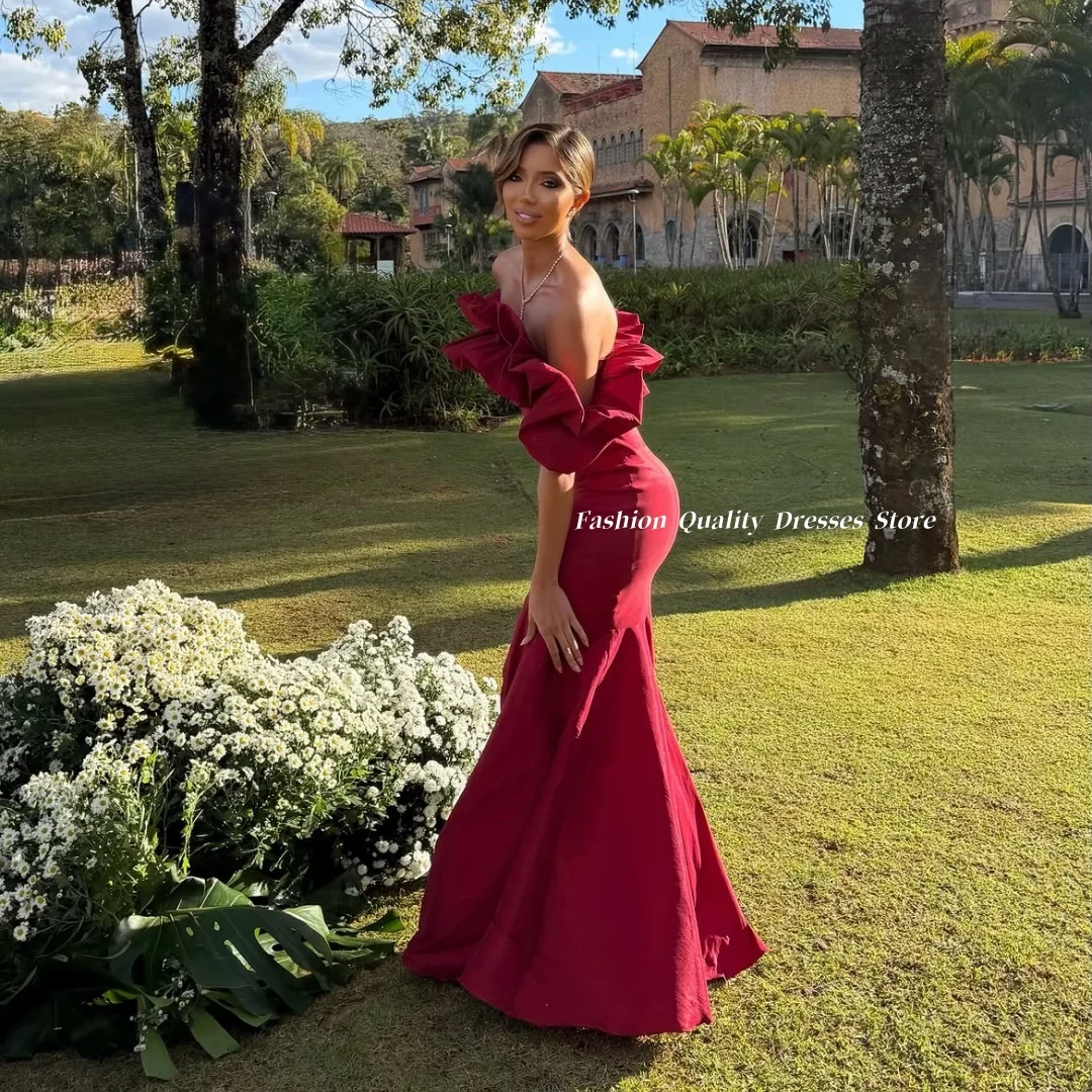 Evening Dress Burgundy Satin Mermaid Dress Off Shoulder Big Ruffle Open Back Long Train Formal Evening Party Prom GownCustomized