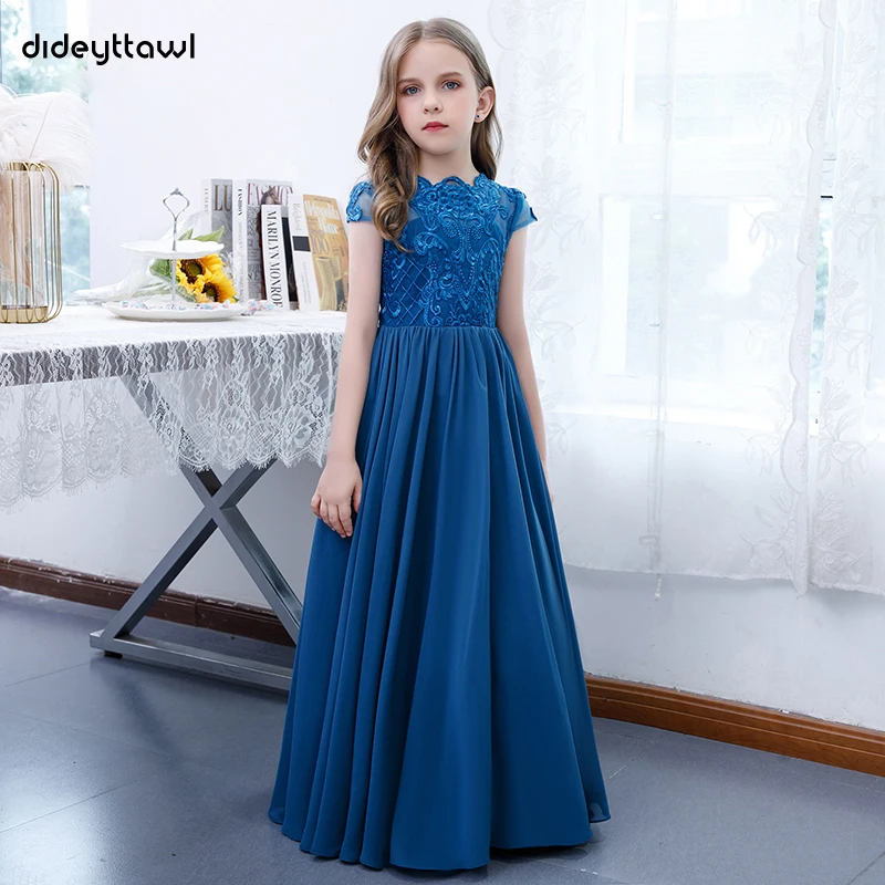 Dideyttawl Customized Royal Blue Cute Chiffon Lace Flower Girls Dress Cap Sleeves A-Line Junior Bridesmaid Gown Birthday Party