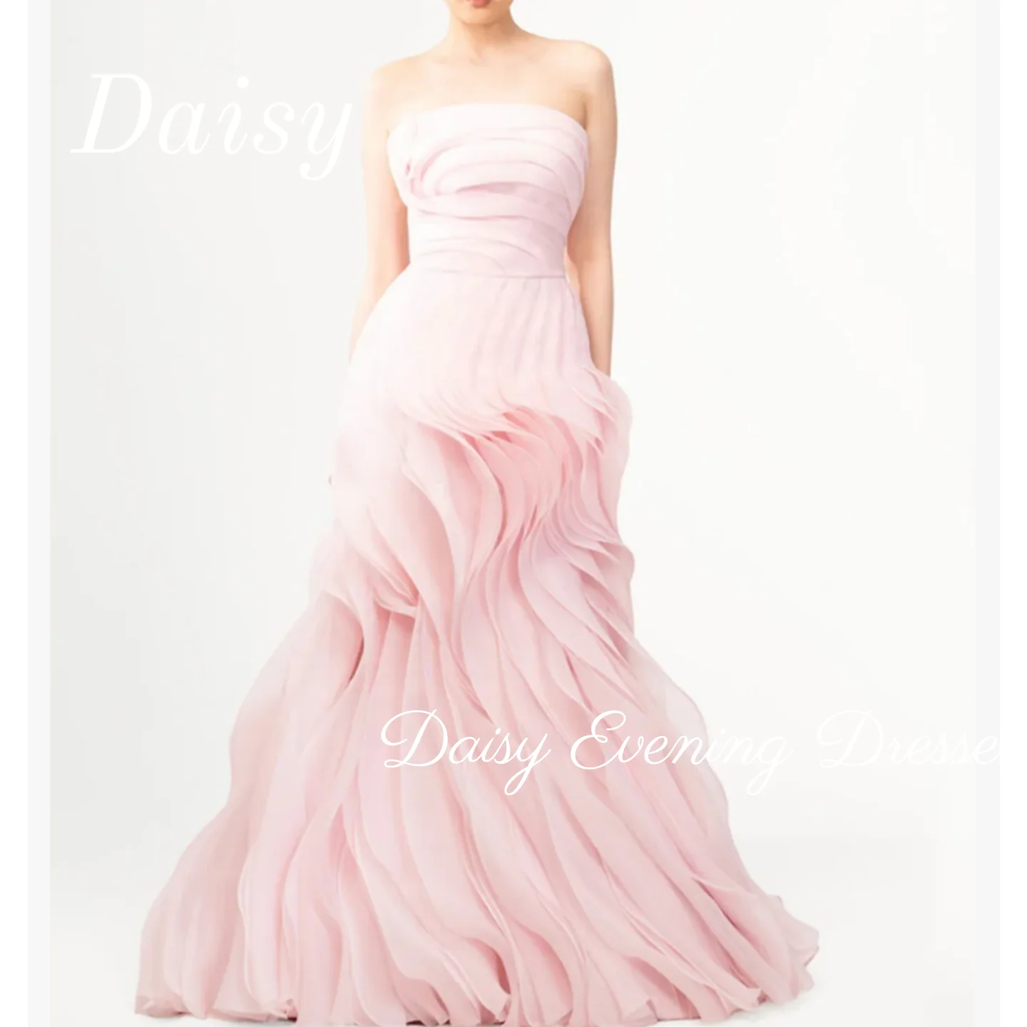 Pink Strapless Evening Dress Mermaid Organza Long Side Prom Dresses Pleats Long Party Dresses Zipper Customized Wedding Dress