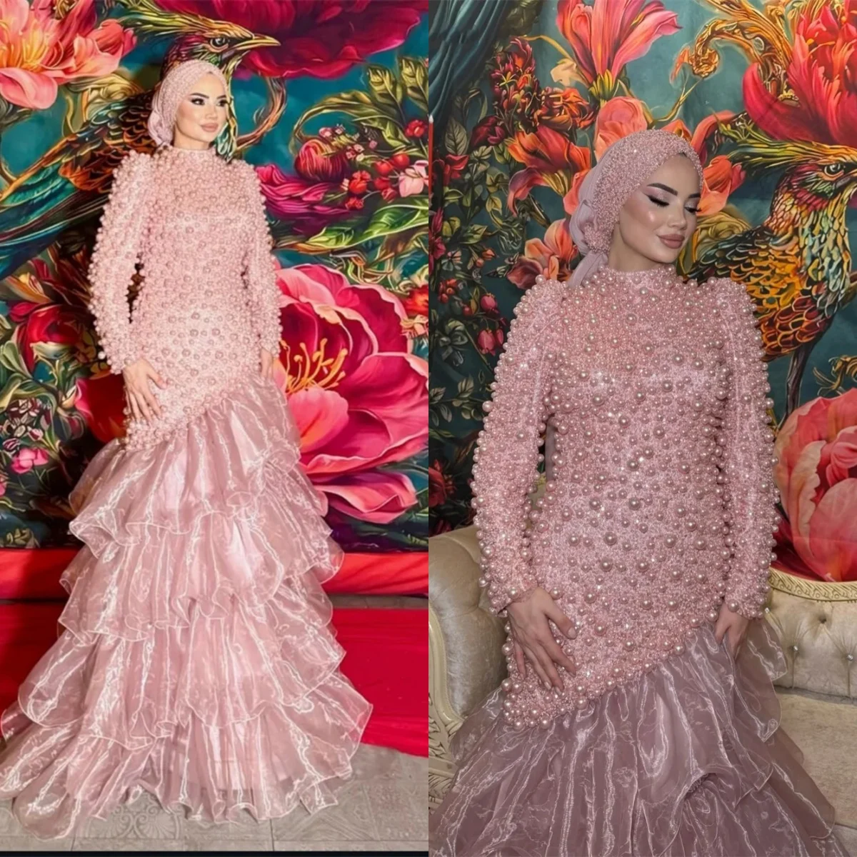 Muslim Mermaid Evening Dress Big Pearls O Neck Long Sleeve Prom Gowns Handmade Pleats Floor-Length Party Dresses Customized