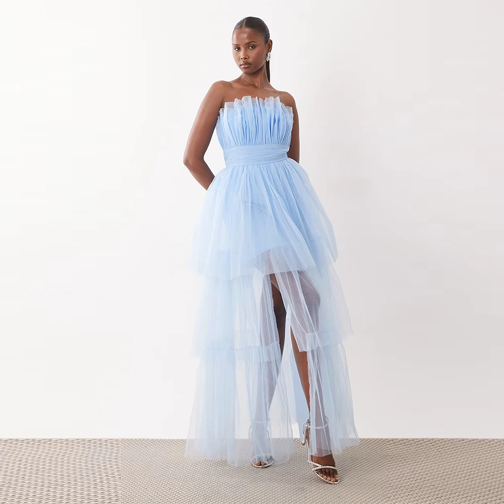 Customized Evening Dress Tulle Tiered Maxi Dress in Blue Saudi Arabia Floor Length Formal Wedding Dress Gown