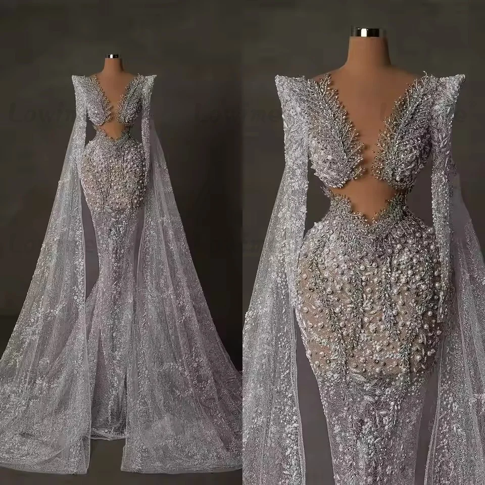 2025 High Fashion Crystal Pearls Mermaid Wedding Party Dresses See Through Bridal Gowns V Neck Sweep Train Customized Prom Dress