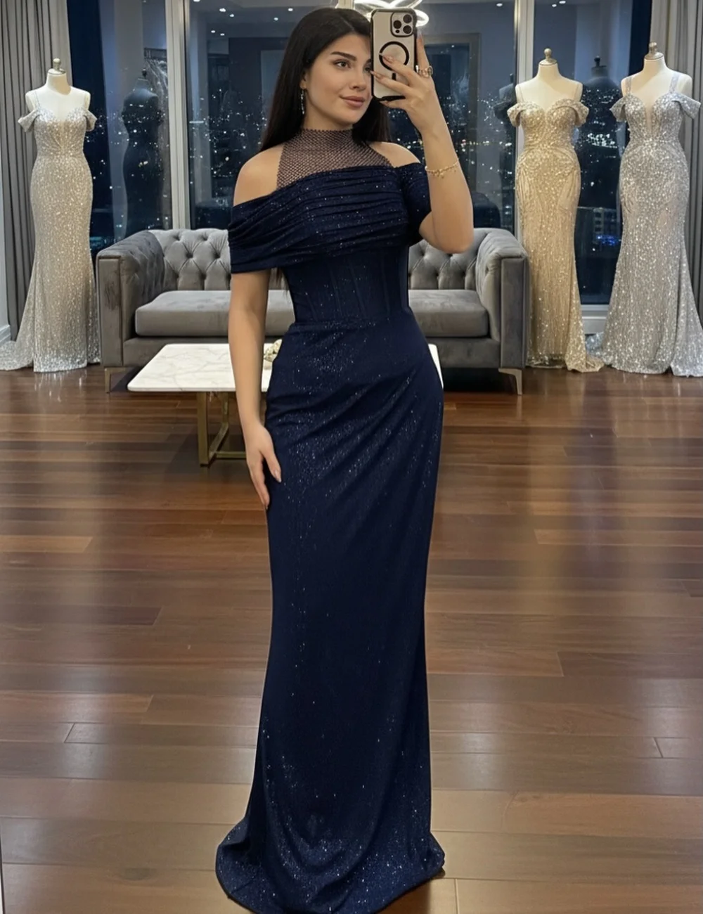 Customized Exquisite Pleat Sequined Straight High Collar Long Quinceanera Bespoke Occasion Dresses Sizes Available