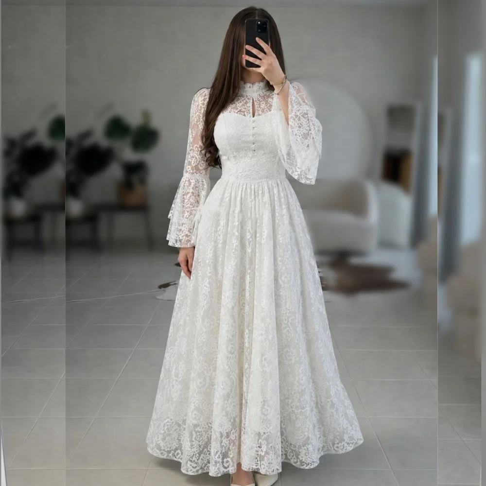 Customized Grace Lace Wedding Party Dress High Collar A-line Midi Dresses Modern Style Wedding Guest Dress