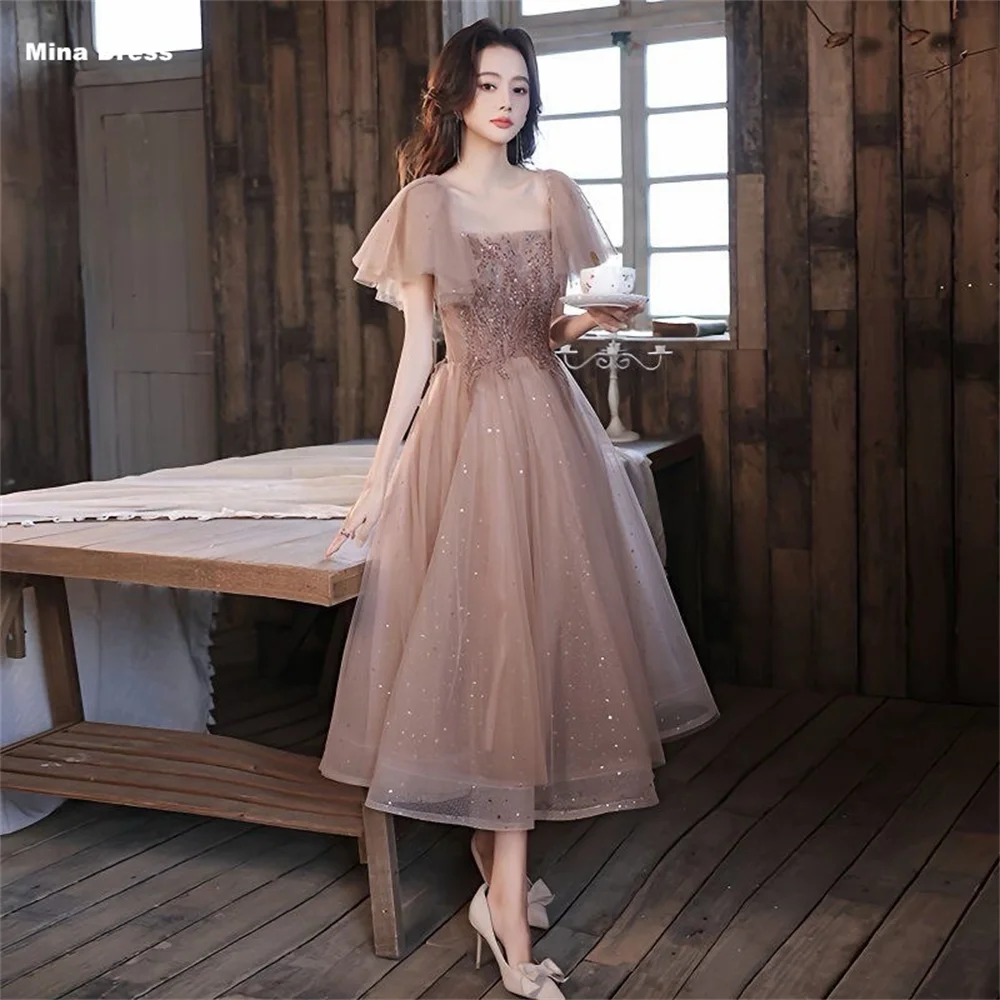 Mina Customized Khaki Short Sleeve Floral Sequin Tie Prom Dresses 2026 Luxury Party Dress Birthday Dresses for Woman Elegant