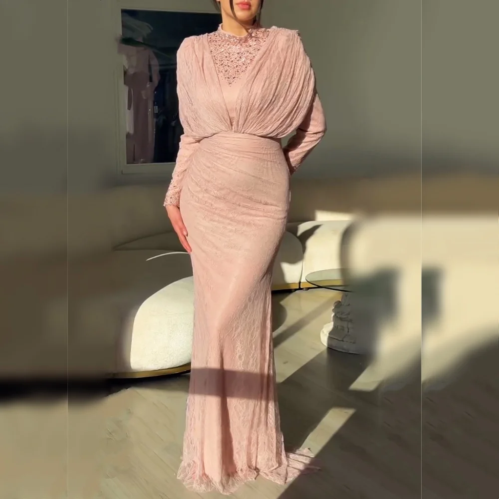 Customized Exquisite High Collar Wedding Party Dress LaceTrumpet Pleat Long Dresses Long Sleeves Engagement Formal Evening