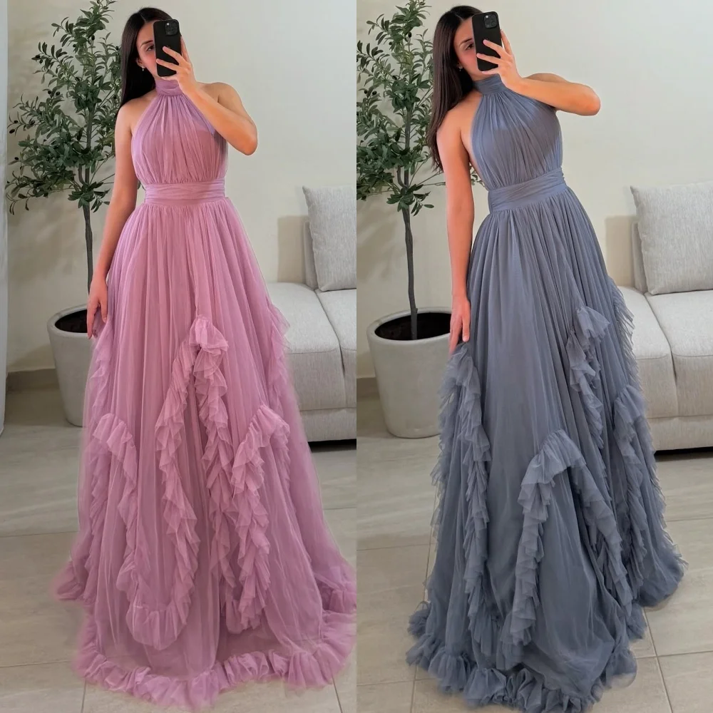 Customized Matching Tulle Pleat Ruched A-line Halter Long Dresses Bespoke Occasion Party Chinese Style Exquisite