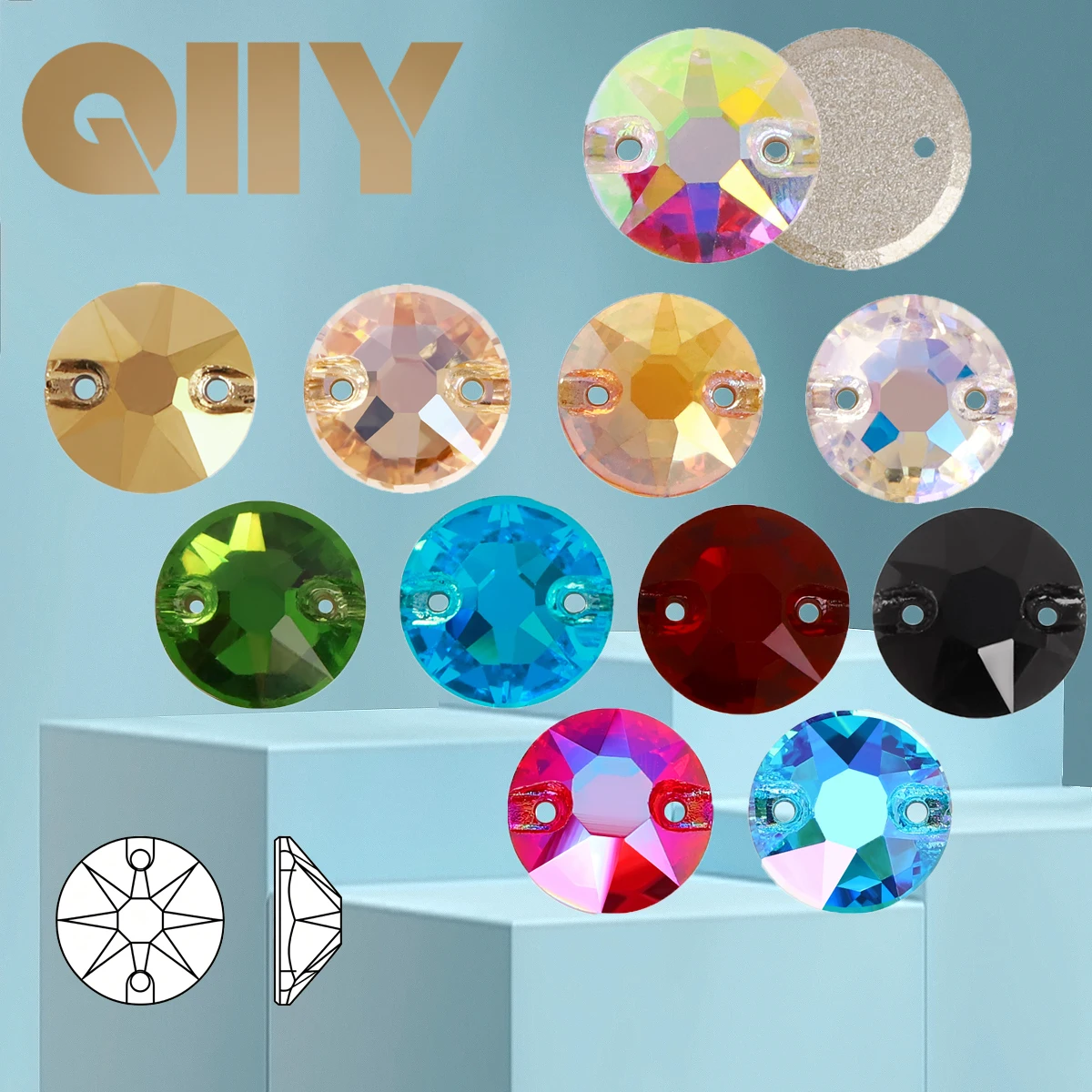 QIIY 8 Big 8 Small Top Quality Glass Crystal AB Moonlight Sewing Stones Flatback Sew on Rhinestones For Garment Clothes Bags