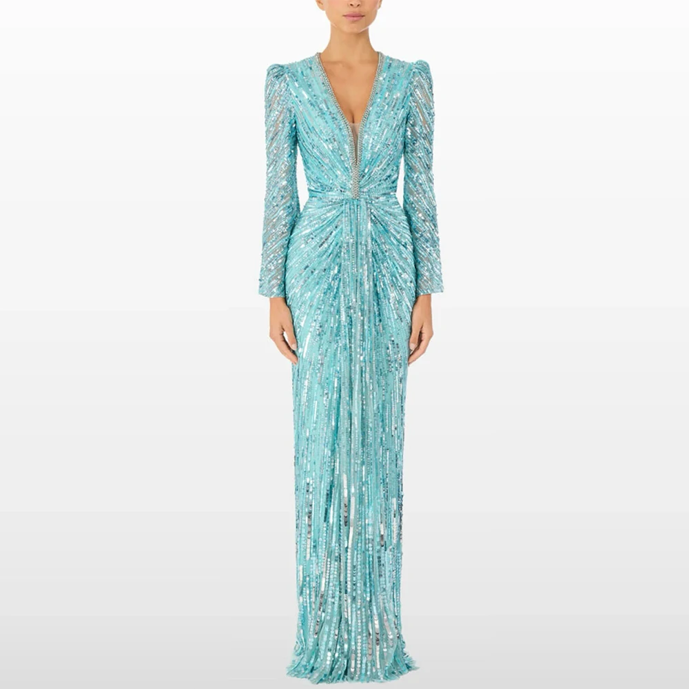 Fashion Tulle V-Neck Evening Dress Graceful Mermaid Prom Dresses Luxury Sequined and Beading Customized Special Occasion Gowns
