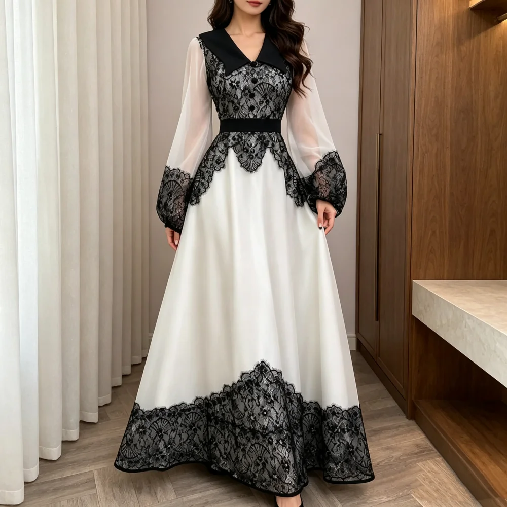 Customized Classic V-neck Lace Party Dresses Long Sleeves Women's Evening Gowns for Banquet Simple High Quality