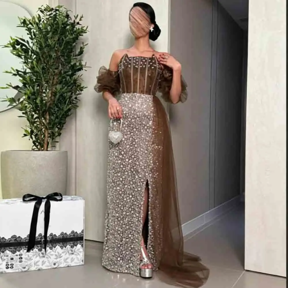 Customized Off Shoulder Tulle Puff Sleeve Corset Prom Dress, Brown Sheer Beaded Rhinestone Evening Gown with Slit