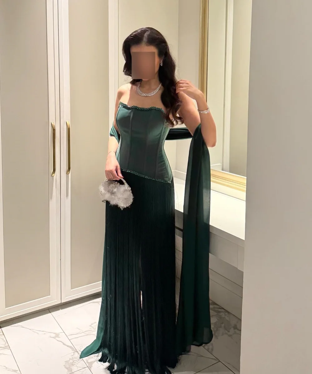 Customized Fashion Jersey Pleat Sequined A-line Strapless Long Prom Dresses Bespoke Occasion Simple Chinese Style