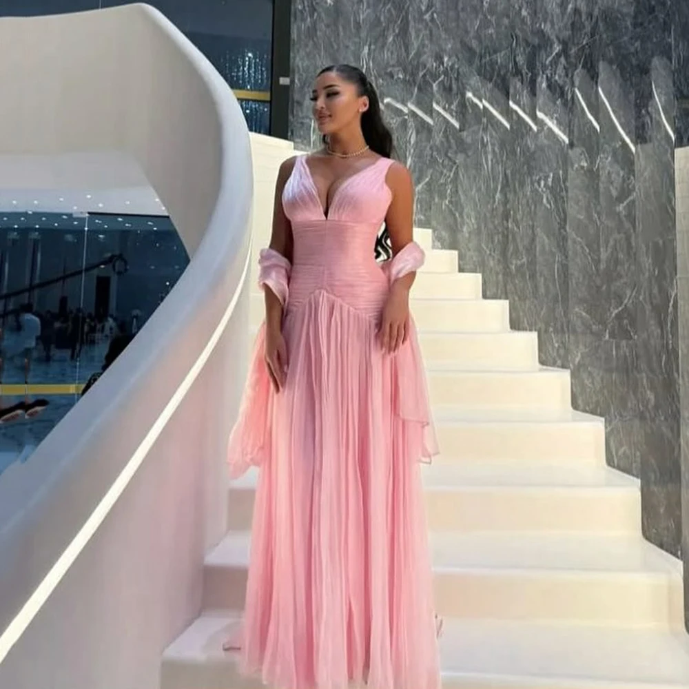 Galarity Deep V Elegant Prom Dresses Pink Pleated Shiny Tulle Party Dress Sleeveless Formal Dress Sexy Evening Dress Customized