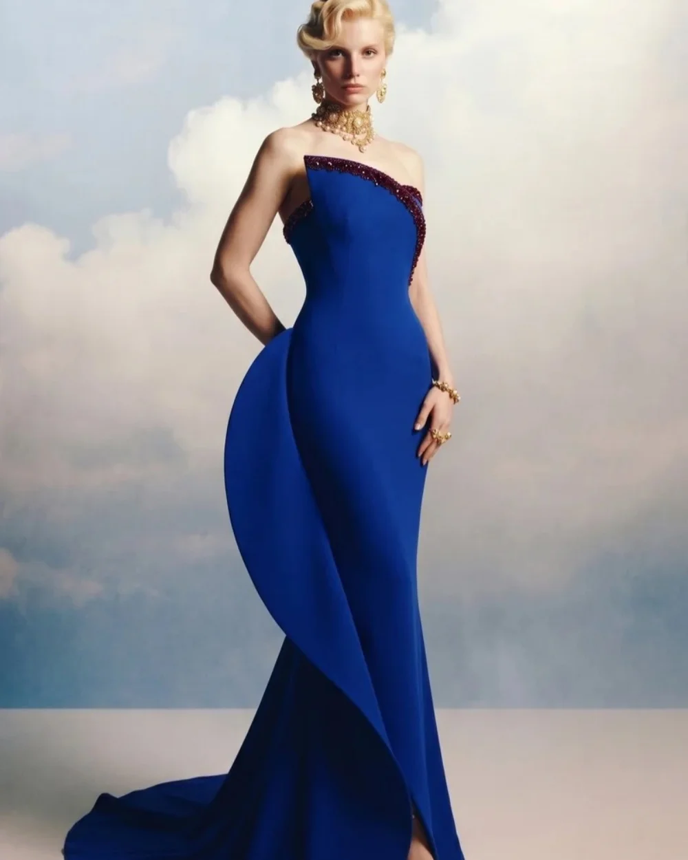 Customized Elegant Women Jersey Beading Ruched Mermaid Evening Dresses Fashion Strapless Sleeveless Floor Lenght Prom Dresses