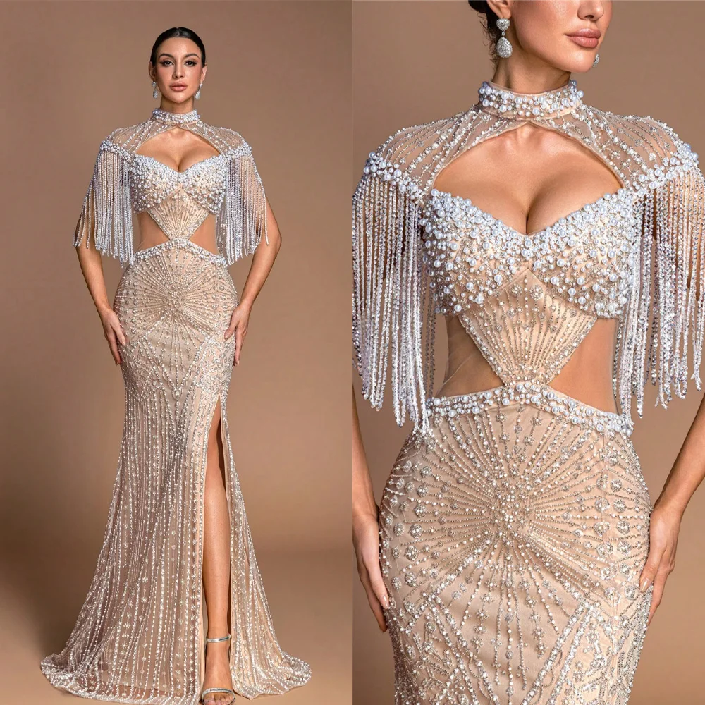 Designer Mermaid Evening Dresses For Women High Neck Sleeveless Gown Sequins Pearls Beaded Split Side Dress Party Customized